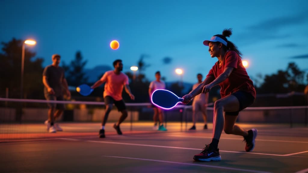 GlowCourt LED pickleball paddle illuminating a night court